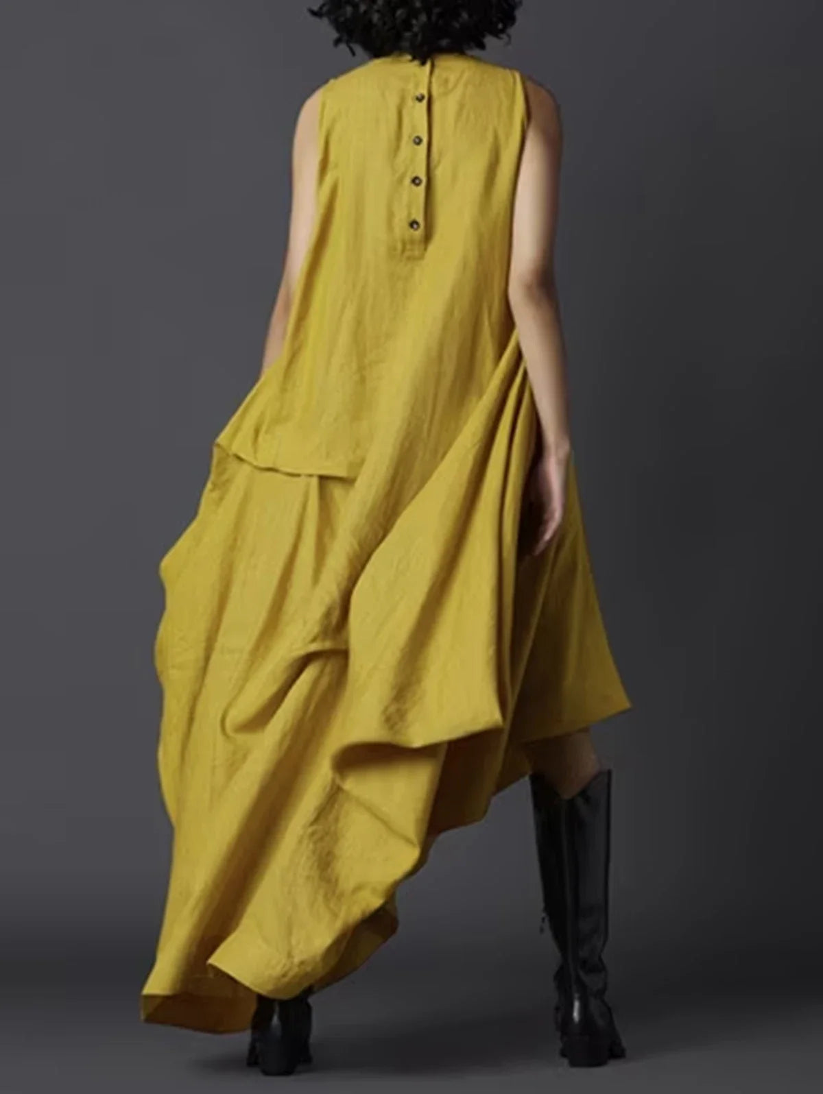 Women's Tank Dress Pleated Pockets Vintage Asymmetric Hem Long Dress Solid Minimalist Casual Round Neck Summer Female Dress