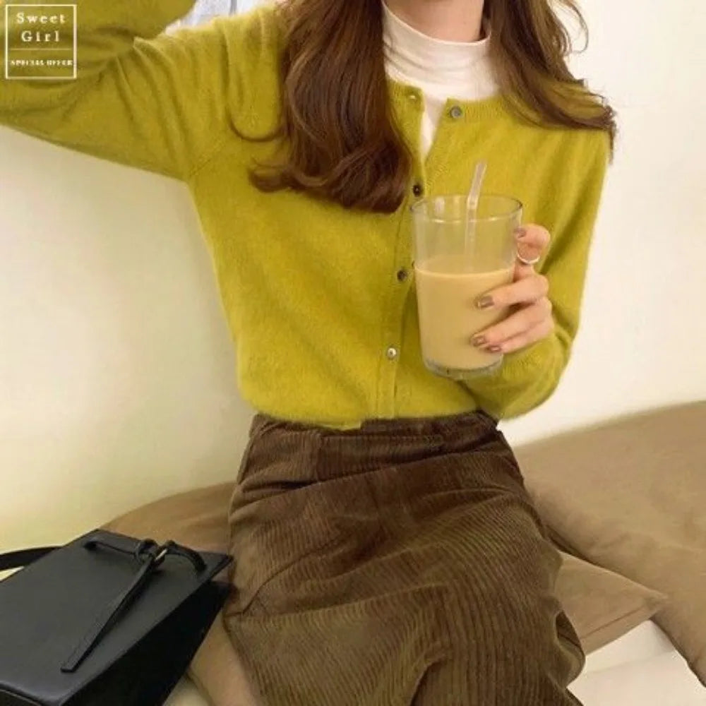 Cashmere Sweater Cardigan Women Single Breasted Long Sleeve Elegant Vintage Jumper Solid Wool Knitted Autumn Winter Outwear Tops