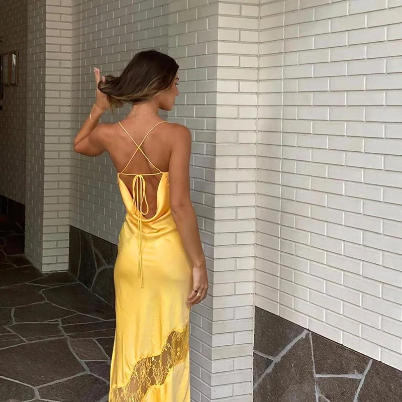 Women Spaghetti Strap Satin Party Dress Sexy Low Cut Bodycon Long Dress Solid Sleeveless Split Dress