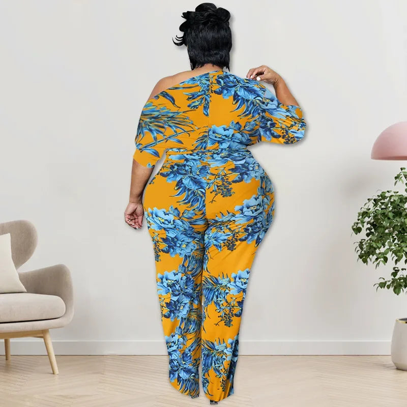 WUHE Off Shoulder High Waist Wide Leg Jumpsuit 2024 Summer Plus Size Women Print Elegant Half Sleeve Chic Overall Playsuit