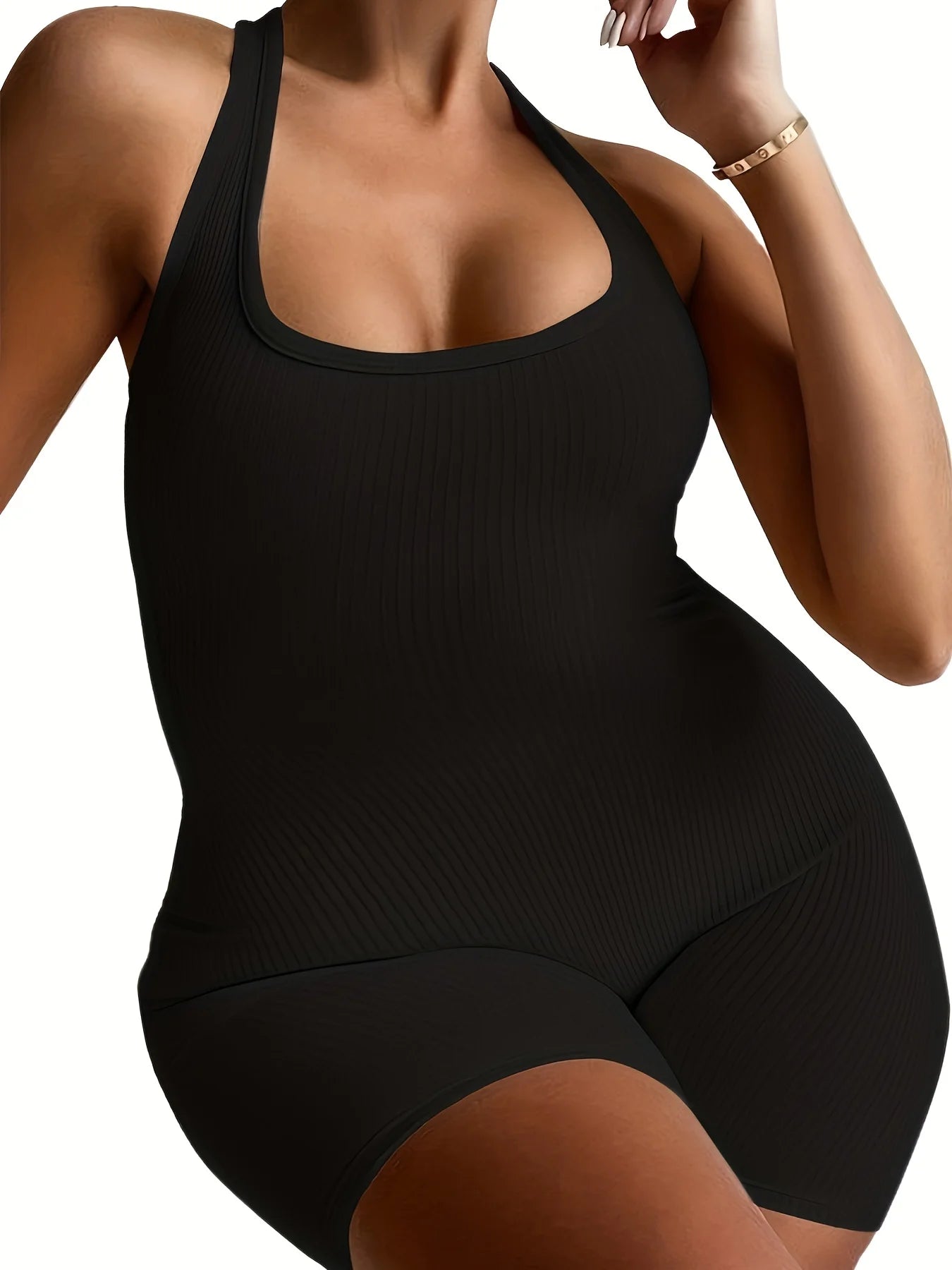 Plus Size New Summer Fashion Black Halter Sporty Jumpsuit, Women's Oversized Solid Color Sexy Body-Con Backless Clothing