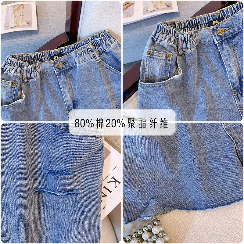 New Ladies Summer Plus Size hot pants For Women Large Size Loose Blue Cotton Hole Pocket Denim Shorts 3XL 4XL 5XL 6XL 7XL