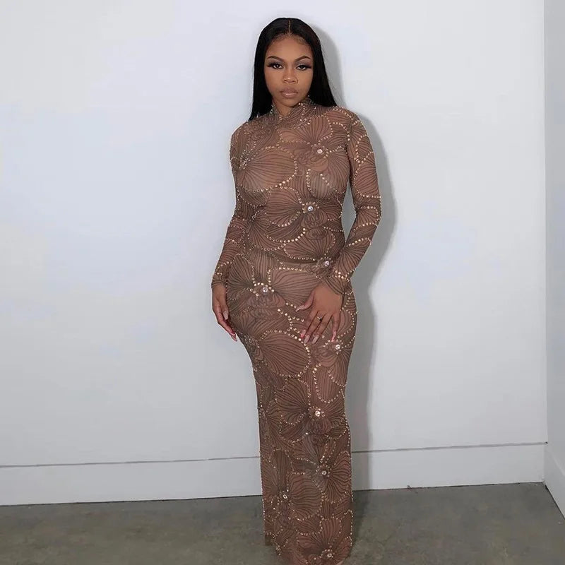2023 Summer Clothes Women Long Sleeve Party Club Evening Bodycon See Through Long Dress Wholesale Items For Business