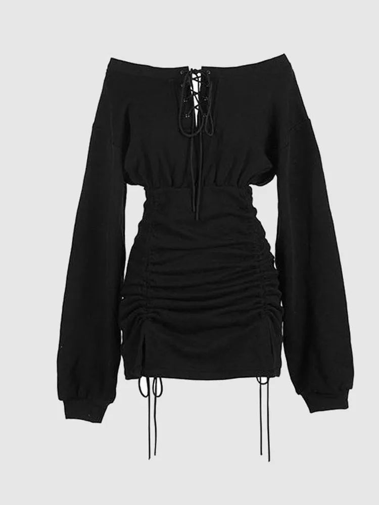 Off Shoulder Long Sleeve Pleated Sheath Dress Street Style Hot Girl Dress Spring Autumn Sexy Short Party Dresses