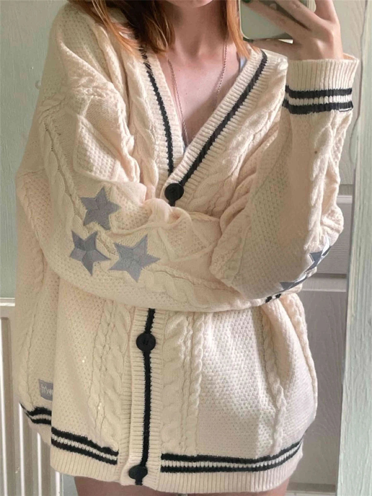 Autumn Winter Y2k Vintage Sweater Star Print Knitted Cardigan V Neck Long Sleeve Coat Women Single Breasted Embroidery Sweaters