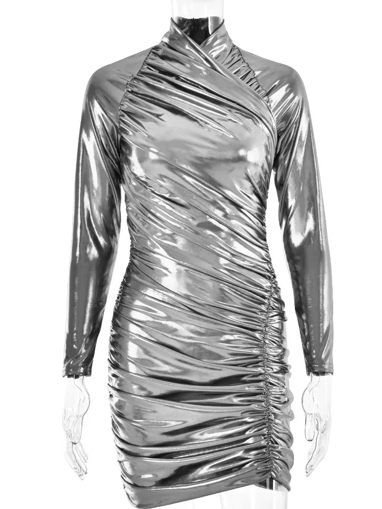 Articat Autumn Leather Long Sleeve Pleated Dress For Women Zipper Tight Irregular Female Dress Party Club Sheath Vestidos