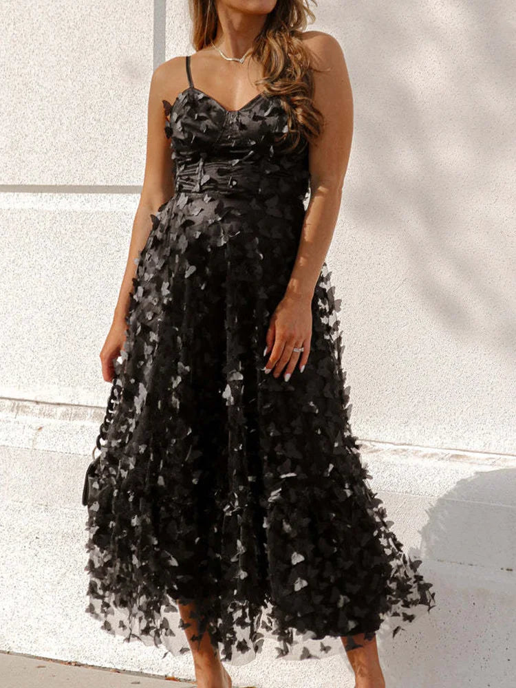Women Summer Solid Elegant Party Dress Butterfly Patchwork Loungewear Sleeveless Sling Ladies Maxi Dress Streetwear Dropshipping
