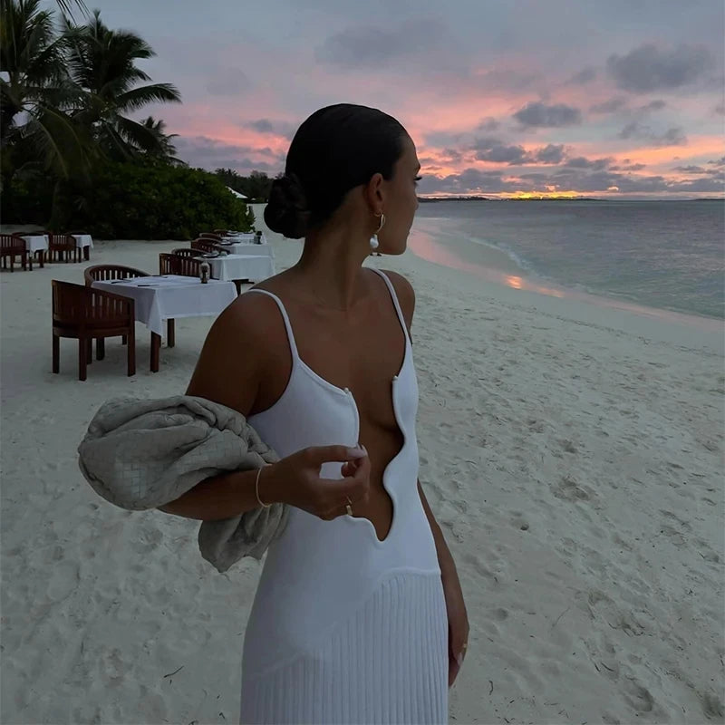 White V-neck Wavy Hollow Out Sling Knitted Dress Women Sleeveless Backless Robes 2024 New Casual Beach Vacation Sexy Dresses