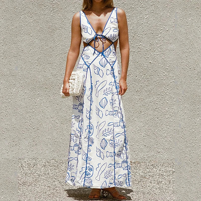Ellafads Women Maxi Dresses Summer Sexy Vintage Printed V Neck Cutout Suspender Tie Up Slim Backless Lace Up Beach Party Dress