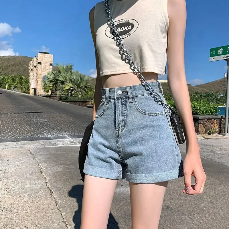 Shorts Women Black Gray Denim Shorts For Women Summer High Waist Loose Ropa Mujer
