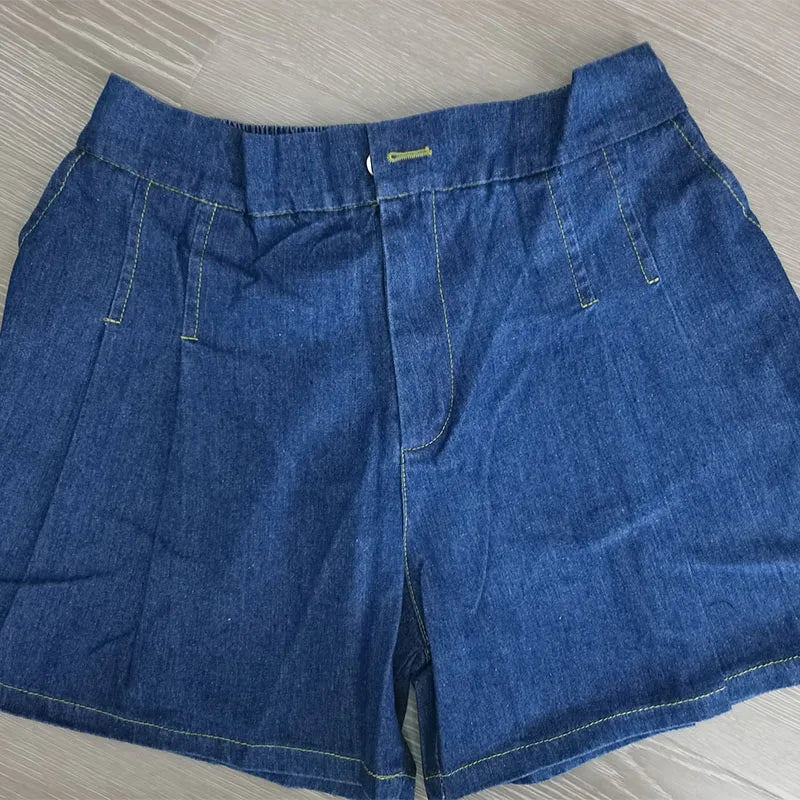 DFRCAEG Summer Plus Size Denim Shorts For Women High Elastic Waist Blue Or Sky Blue Pleated Mini Large Size Short Femme