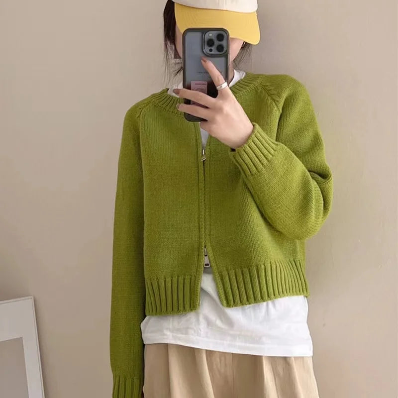 2023 Autumn Korean Knitted Cardigan Women Zipper Cropped Sweaters Vintage Knitwear Coat Casual Short Jumpers Jackets Outerwear