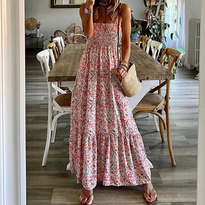 Bohemian Casual Floral Print Holiday Beach Dress Spring Slash Neck Draped Long Dress Summer Off Shoulder Pleat Sling Women Dress