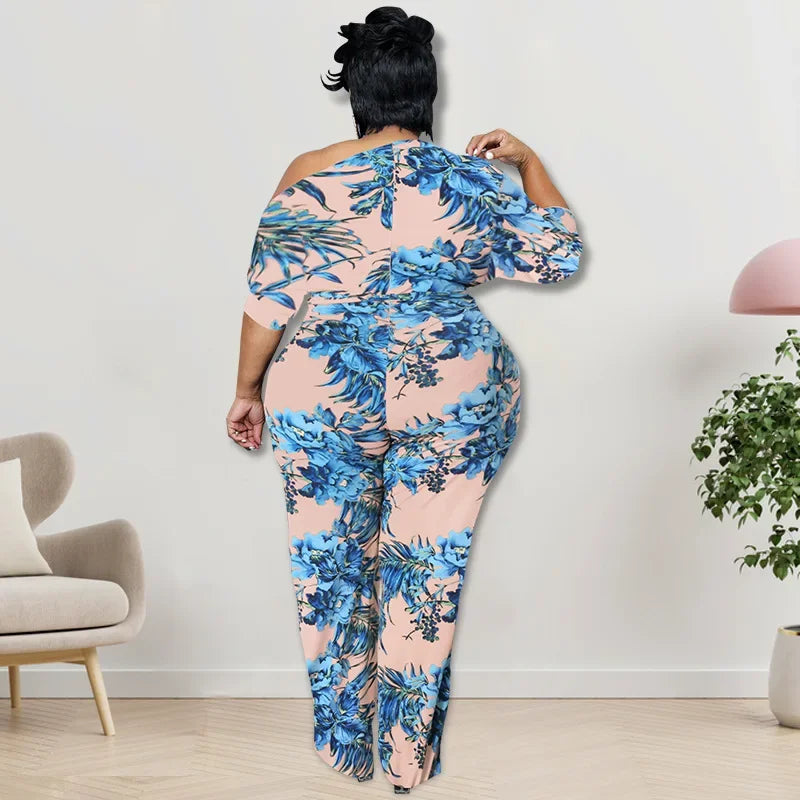 WUHE Off Shoulder High Waist Wide Leg Jumpsuit 2024 Summer Plus Size Women Print Elegant Half Sleeve Chic Overall Playsuit