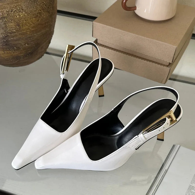 Eilyken Street Style Sexy Pointed Toe Metal Buckle Strap Women Pumps Stripper Sandals Slingback High Heels Female Shoes