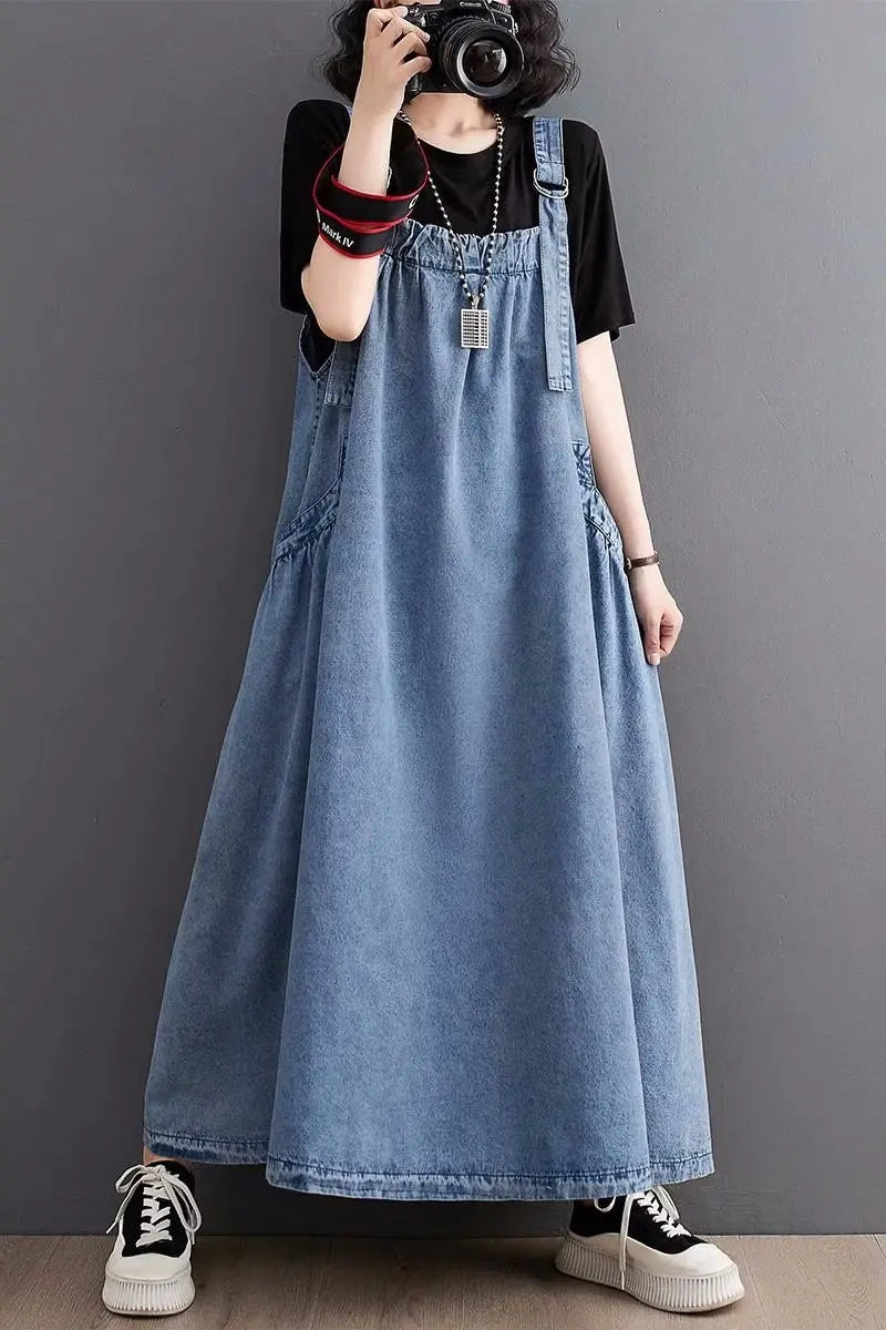 Spring Summer Women Denim Suspender Long Skirt Loose Casual Punk Vintage Style Cargo Female Popular Large Swing Dress Z691