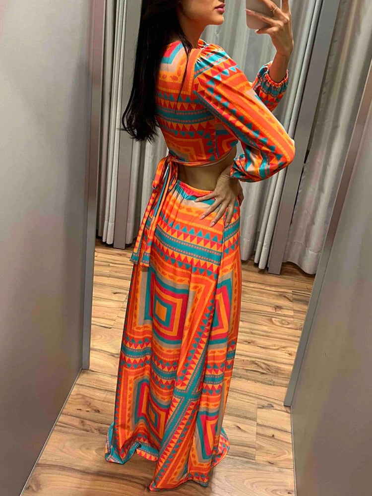 Spring Summer Elegant Allover Print Maxi Dresses for Women Sexy Lace Up Midriff High Silt Vestidos Vacation Beach Sexy Dress