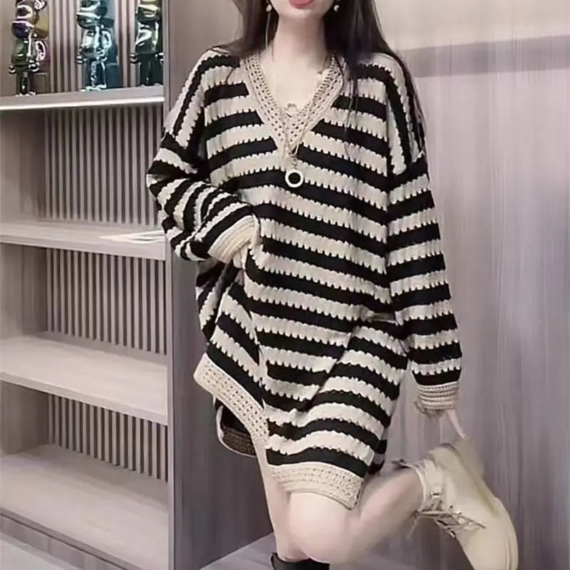 Spring Autumn New Hollow Stripe Knitted Skirt for Women's European Retro Mid Length Loose V-neck Long Sleeved Sweater Dress