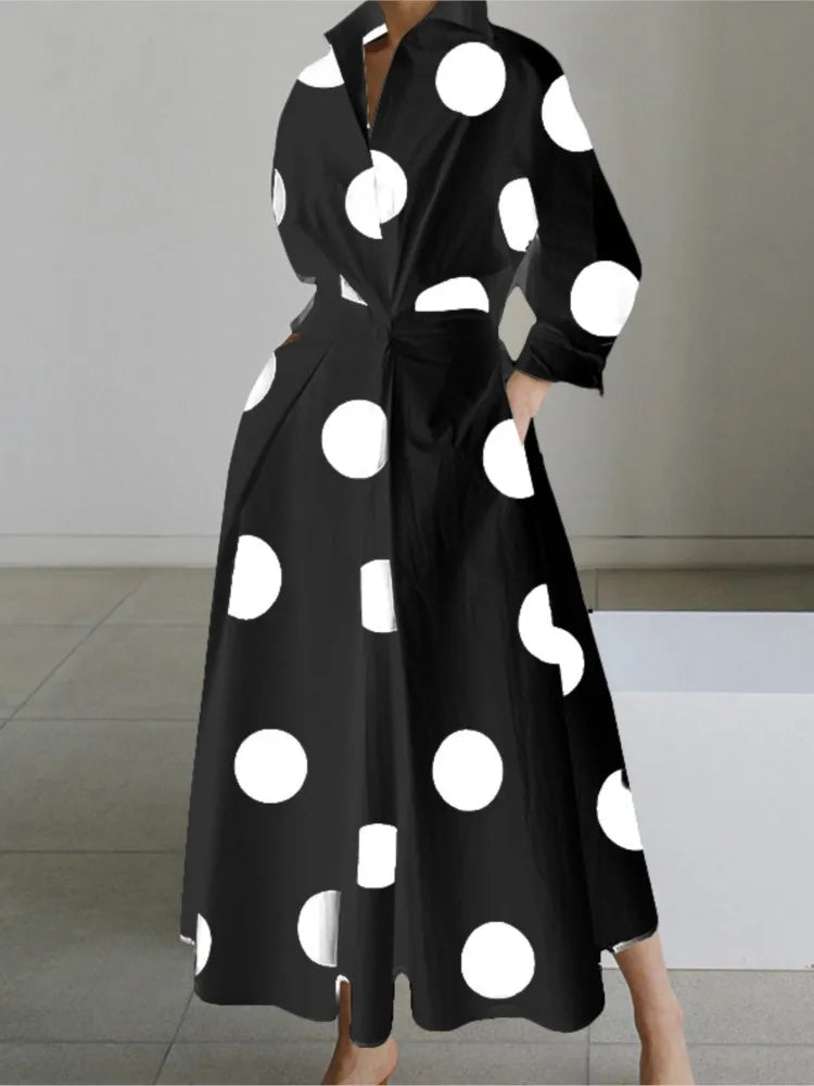 Autumn Dress Long Sleeve Dot Print Elegant Maxi Dresses For Women White Casual V Neck Shirt Party Long Dress Robe Femme