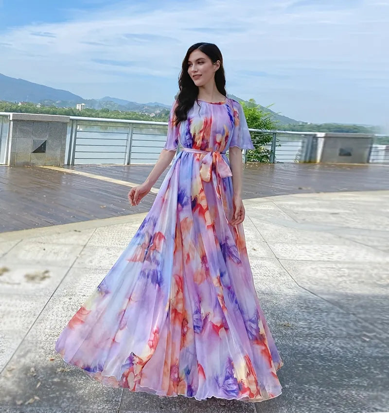 Plus Size Bohemian Beach Sundress Flying Clothing Chiffon Loose Elegant Vestido Robes Lady Holidays Prom Long Dress Belt Which