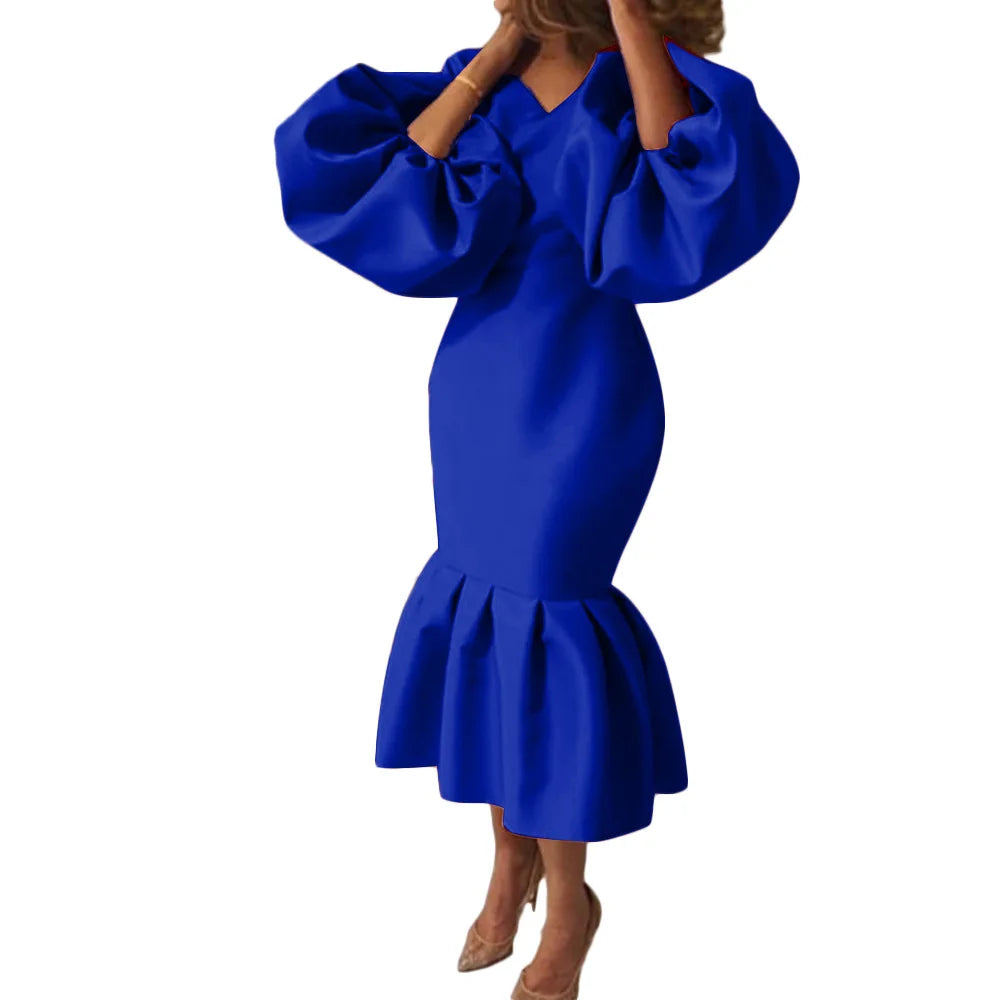 Plus Size Casual Elegant Fashionable Women's Fashion Solid Color V-Neck Bubble Long Sleeved Fishtail Dress Party Evening Dress