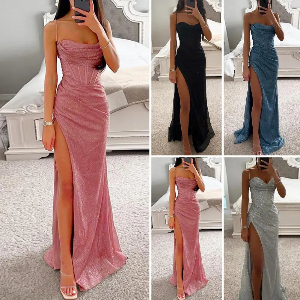Women Evening Dress Spaghetti Strap Shiny Sequin Sleeveless Dress Off Shoulder Low-cut High Split Floor Length Lady Prom Dress