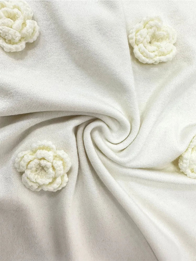 Women Elegant 3d Flower Sling Maxi Dress Knit Fashion V-neck Sleeveless Slim Dresses 2024 New White Lady Chic High Street Robes