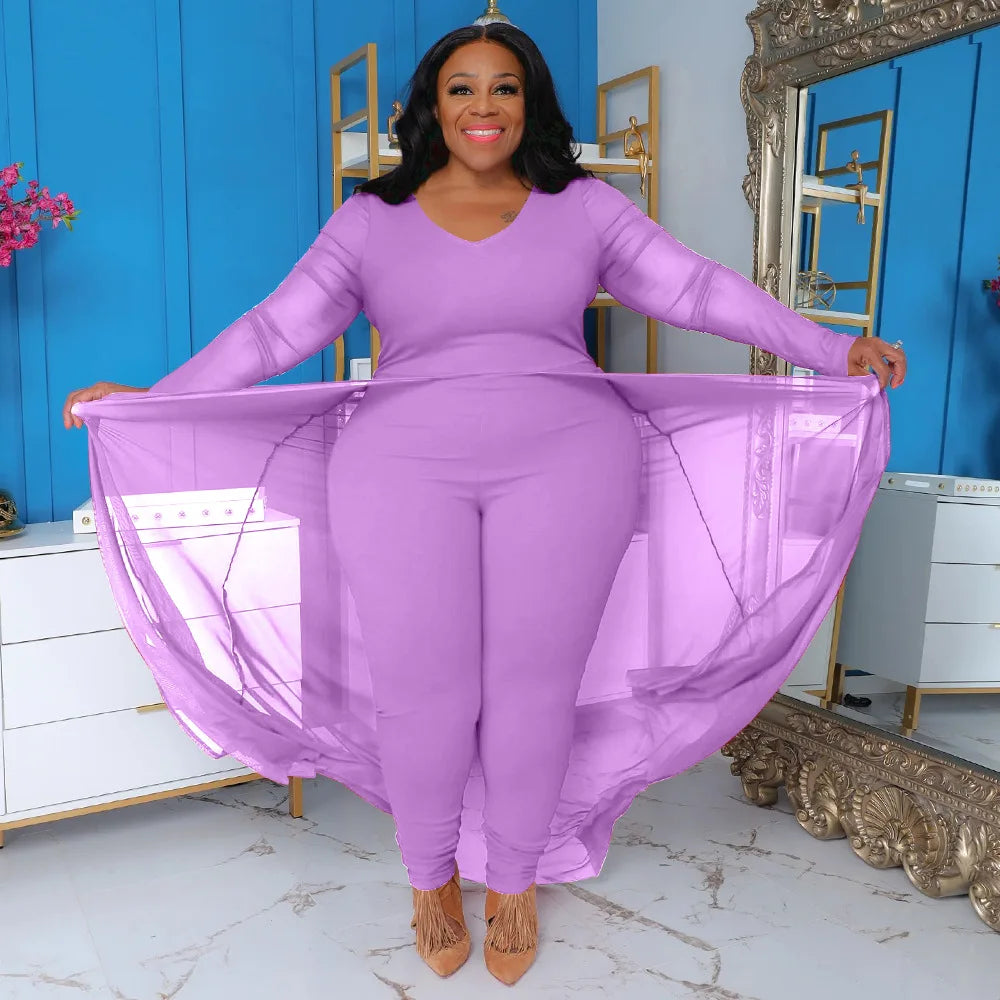 Plus Size 5XL Jumpsuit for Women Elegant O Neck Long Sleeve Stretch Pockets Patchwork Dresses Romper One-piece Overalls 2023
