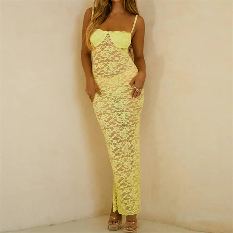 Sexy Clubwear Women Lace Long Dress See Through Adjustable Spaghetti Strap Sleeveless Bodycon Dresses Party Dresses