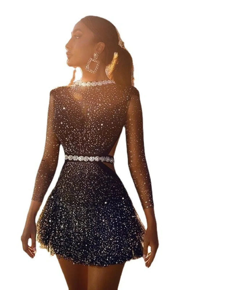 Women's Nightclub Party Dress Sexy V-Neck Perspective Slim Long Sleeve Mini Skirt Y2k Vestidos Prom Dresses for Women Clothing