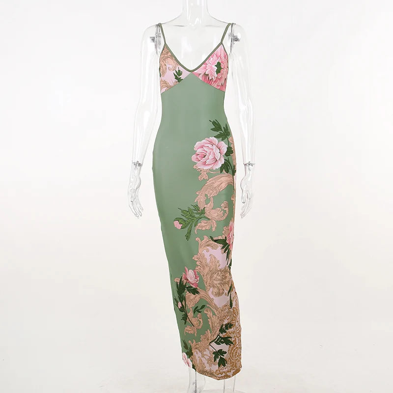 Sleeveless Print Suspender dress women Fashion Vneck slim long skirt summer fashion women's beach party club robe JY23159SK