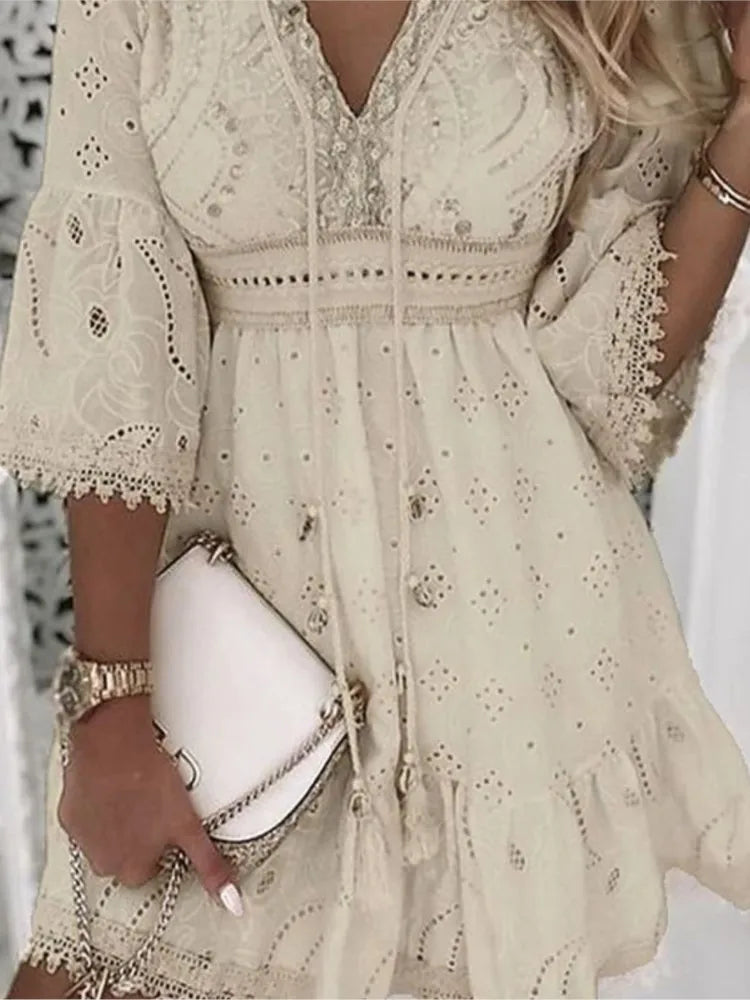 2024 Elegant Women White Hollow Lace Splicing Mini Dress Spring Summer V-neck Three Quarter Sleeve Ladies Vacation Beach Dresses