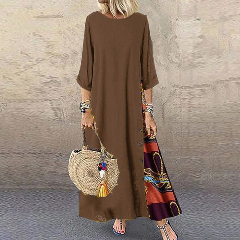 Maxi Dress For Women Elegant Chic Long Dresses Vintage Print Black Red Dress Mid Sleeve Casual O-Neck Streetwear Clothing Ladies
