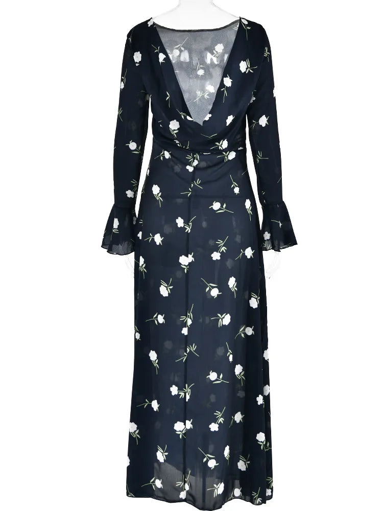 JULISSA MO Ladies Chiffon Floral Print Long Sleeve Backless Maxi Dress High Split Elegant Slim Evening Dress Autumn Outfits