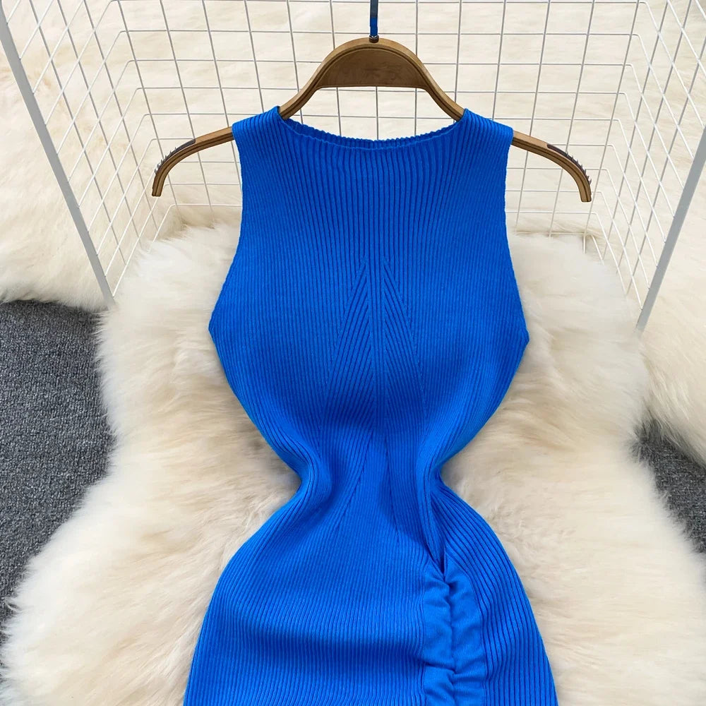 Summer Green Black Knitted Robe Femme Summer O Neck Sleeveless Kink Hollow Out Sexy Slim Bodycon Dress Split Fork Long Vestidos