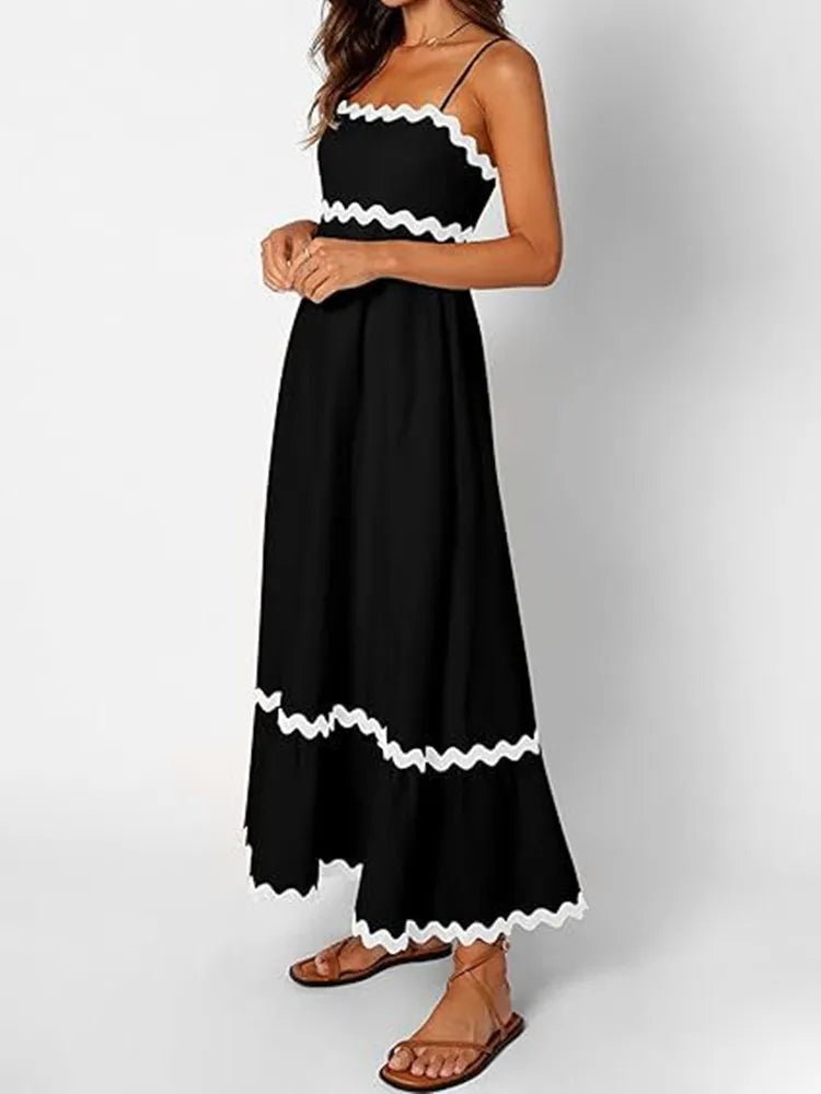 Contrast Color Female Dresses Elegant Aesthetic Loose Summer 2024 Beach Women’s Long Dress High Waist Sleeveless Dress