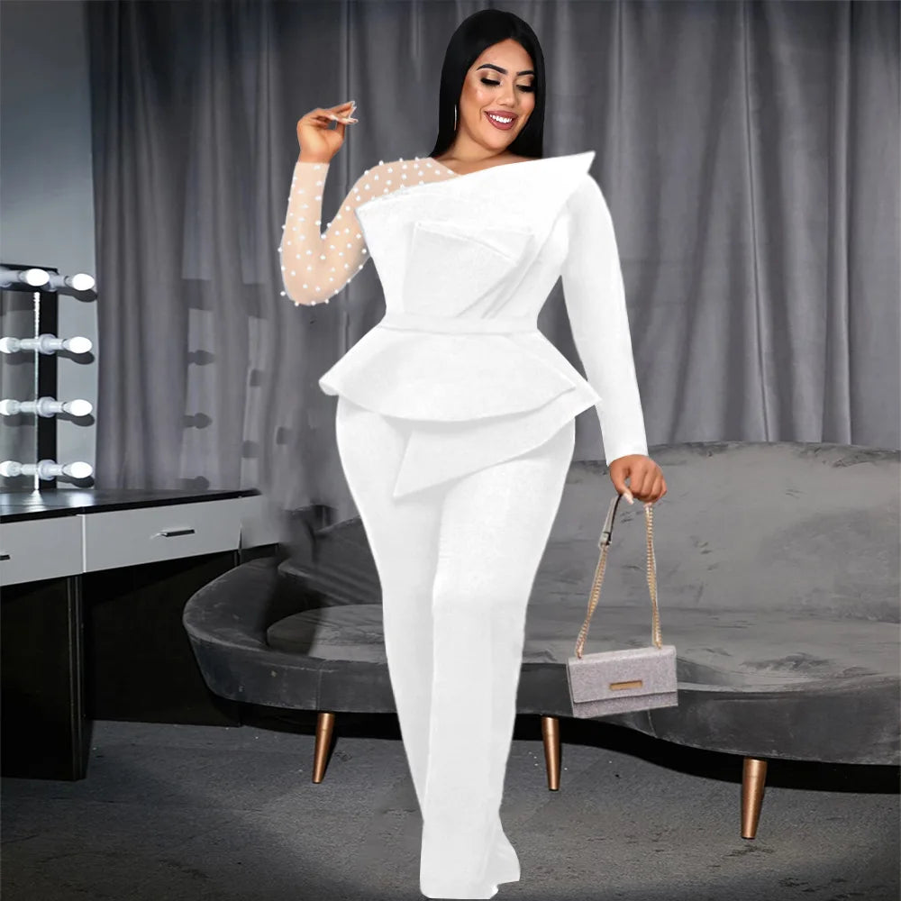 Plus Size Beading Sheer Jumpsuit Female Mesh Patchwork Cloth Women One Piece Outfit Wide Leg Pant 2023 Autumn Elegant Jumpsuit