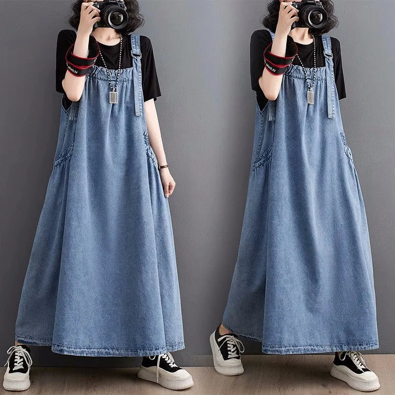 Spring Summer Women Denim Suspender Long Skirt Loose Casual Punk Vintage Style Cargo Female Popular Large Swing Dress Z691