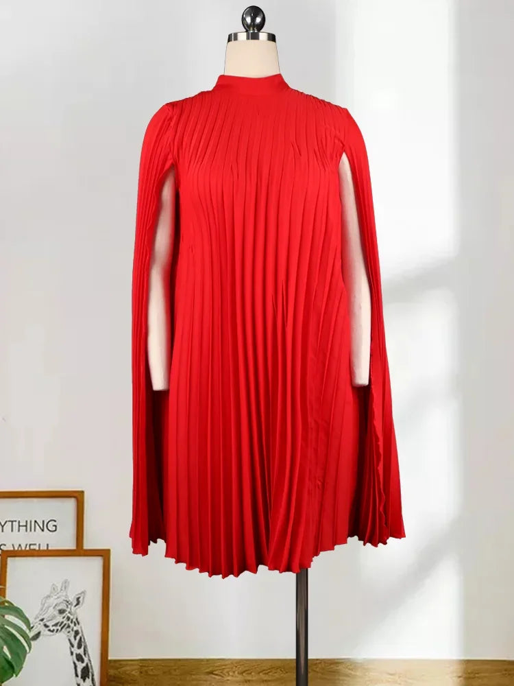 Plus Size Women Oversized Pleat Dress Mock Neck Cloak Sleeve Loose Short Dresses Curve Female Summer Birthday Party Club Wear