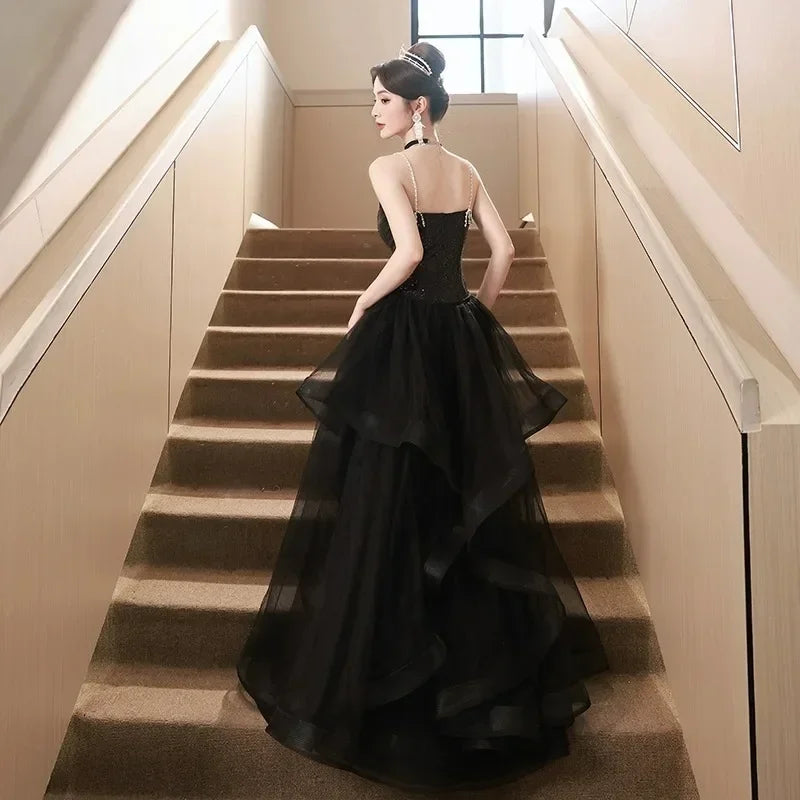 Women's Prom Dresses Slim Off The Shoulder Sleeveless Black Sequin Banquet Long Skirt Evening Party Dress for Women Vestidos