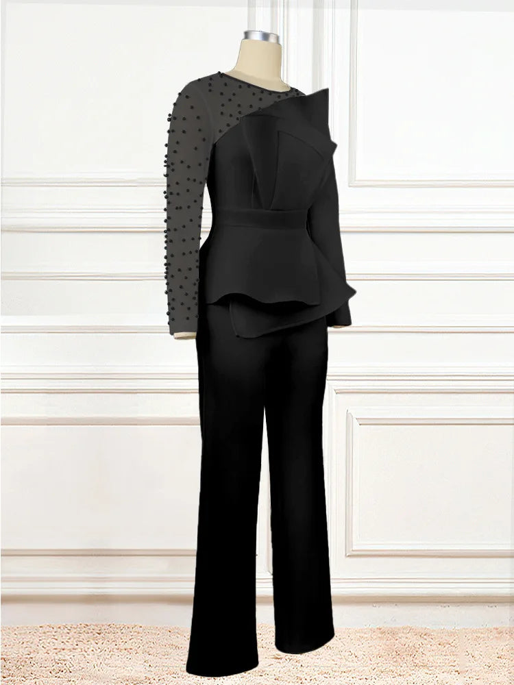 Plus Size Beading Sheer Jumpsuit Female Mesh Patchwork Cloth Women One Piece Outfit Wide Leg Pant 2023 Autumn Elegant Jumpsuit