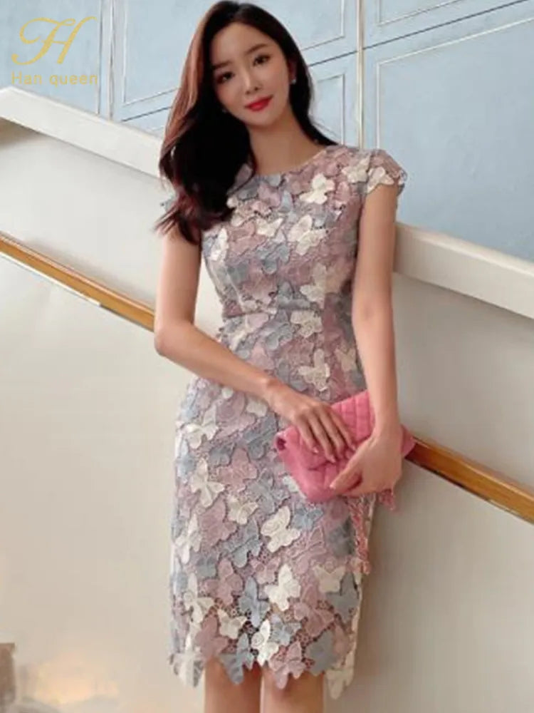 H Han Queen 2023 Summer Elegant Chic Lace Dresses Women Korean Retro Vestidos Fashion Color Blocking Office Party Casual Dress