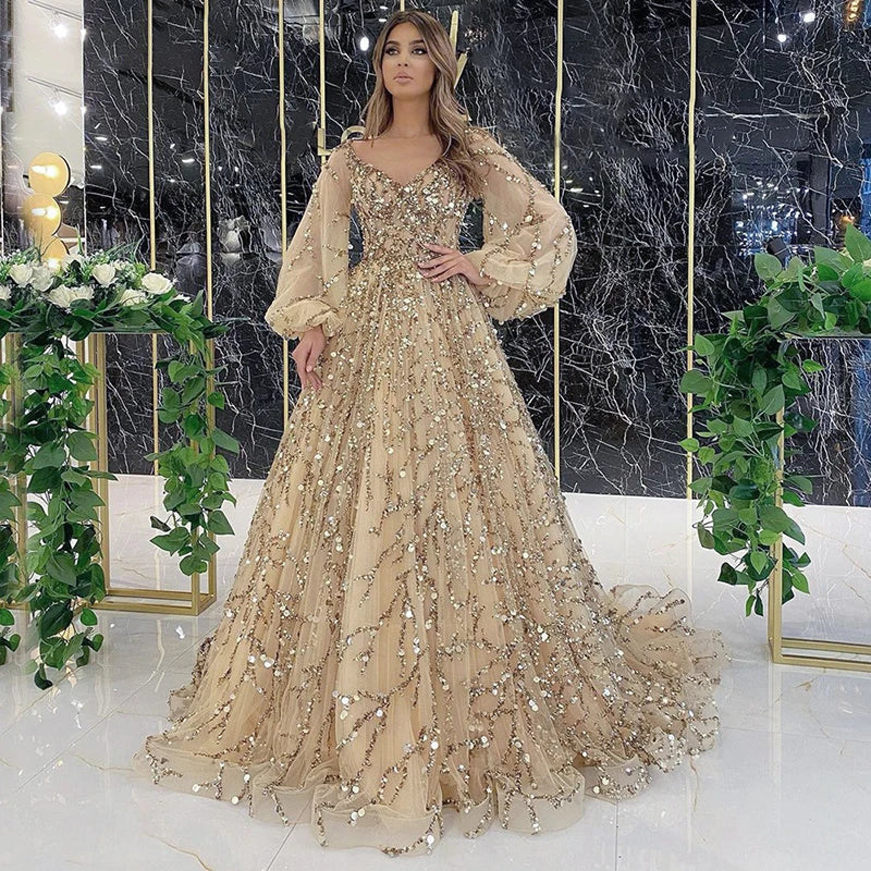 2023 New Gold Heavy Industry Beaded Deluxe Evening Dress Sexy Celebrity Prestige Queen Long Dress Brilliant Adult Dress