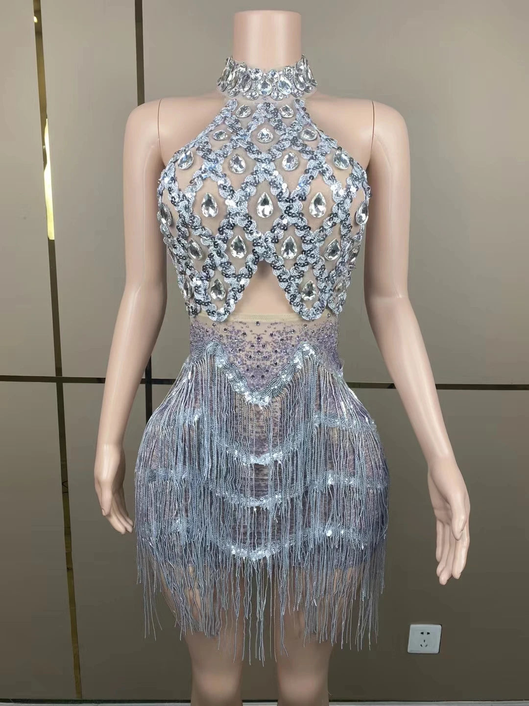 Luxury Sexy See Through Halter Silver Beads Crystals Dresses Black Girls Tassel Short Birthday Party Prom Dresses 2024 Sanjiao