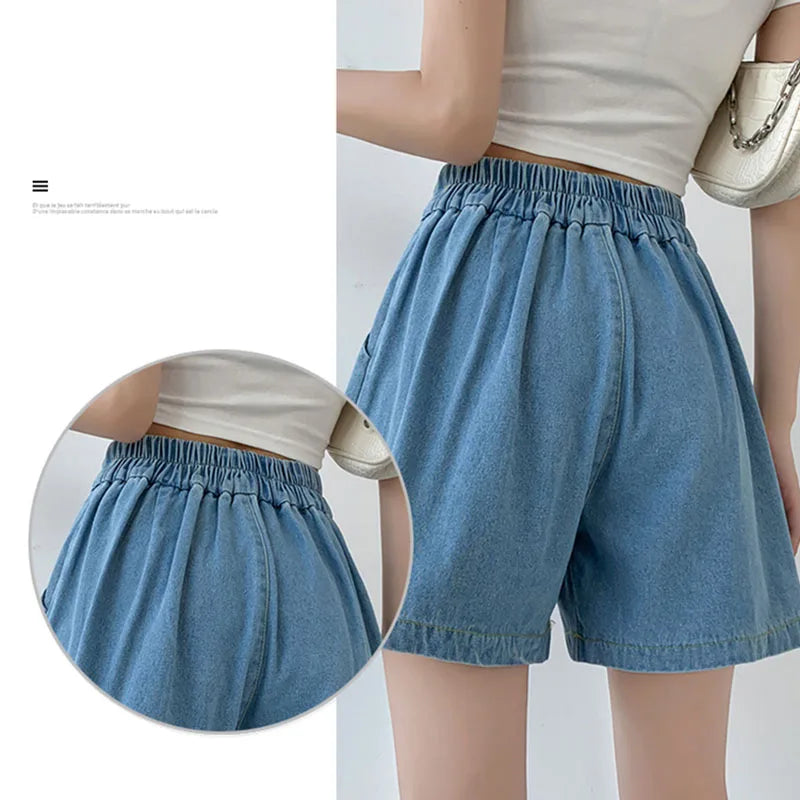DFRCAEG Summer Plus Size Denim Shorts For Women High Elastic Waist Blue Or Sky Blue Pleated Mini Large Size Short Femme