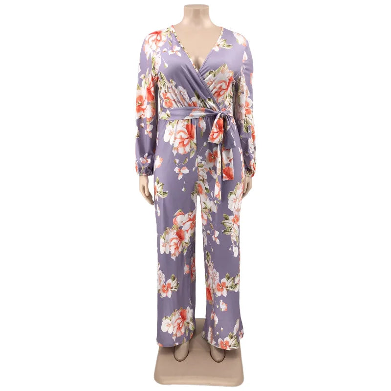 Plus Size Printed Jumpsuit for Women Sexy V-neck Long Sleeved Casual Lace Up Straight Leg Wide Limb Pants 2024 Summer Elegant