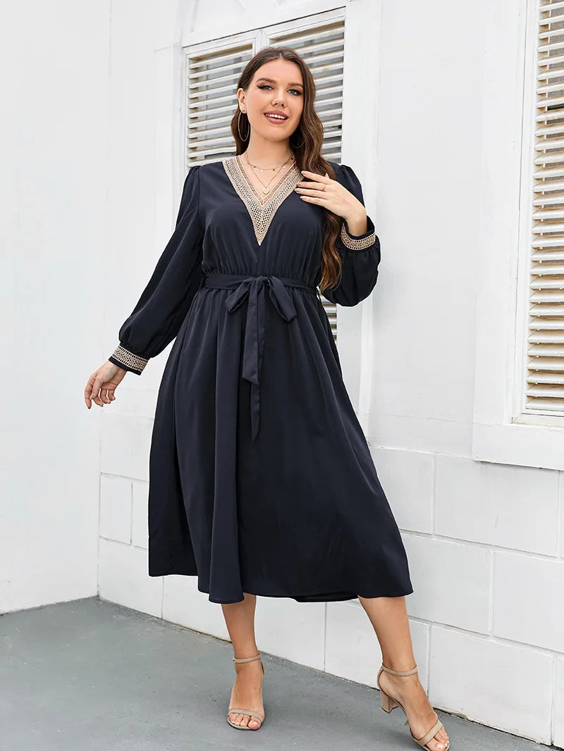 Plus Size Women Dress V Neck Long Sleeves Robe Waist Belt Solid Color Dress Autumn Female Elegant Party Long Gown Clothing