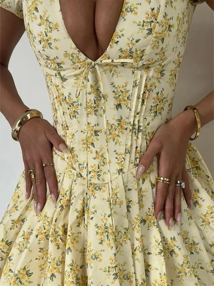 Summer Elegant Print Deep V-neck Mini Dress Women Fashion Short Puff Sleeve Pleated Dresses 2024 Chic Lady Party Beach Vestidos