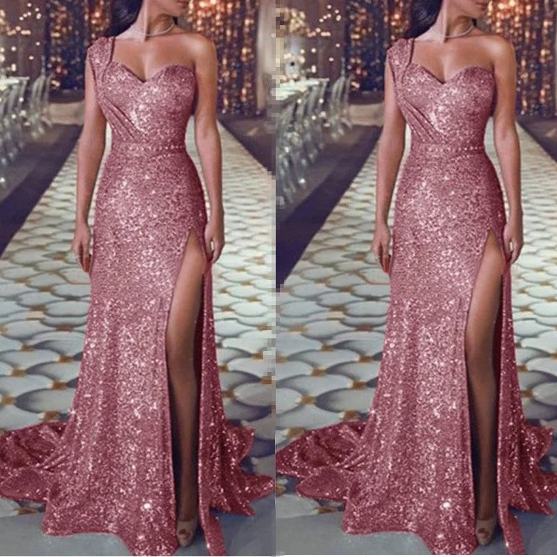 2022 Models Dresses Women Elegant And Sexy One-shoulder Sleeveless Bronzing Dress Split Wo