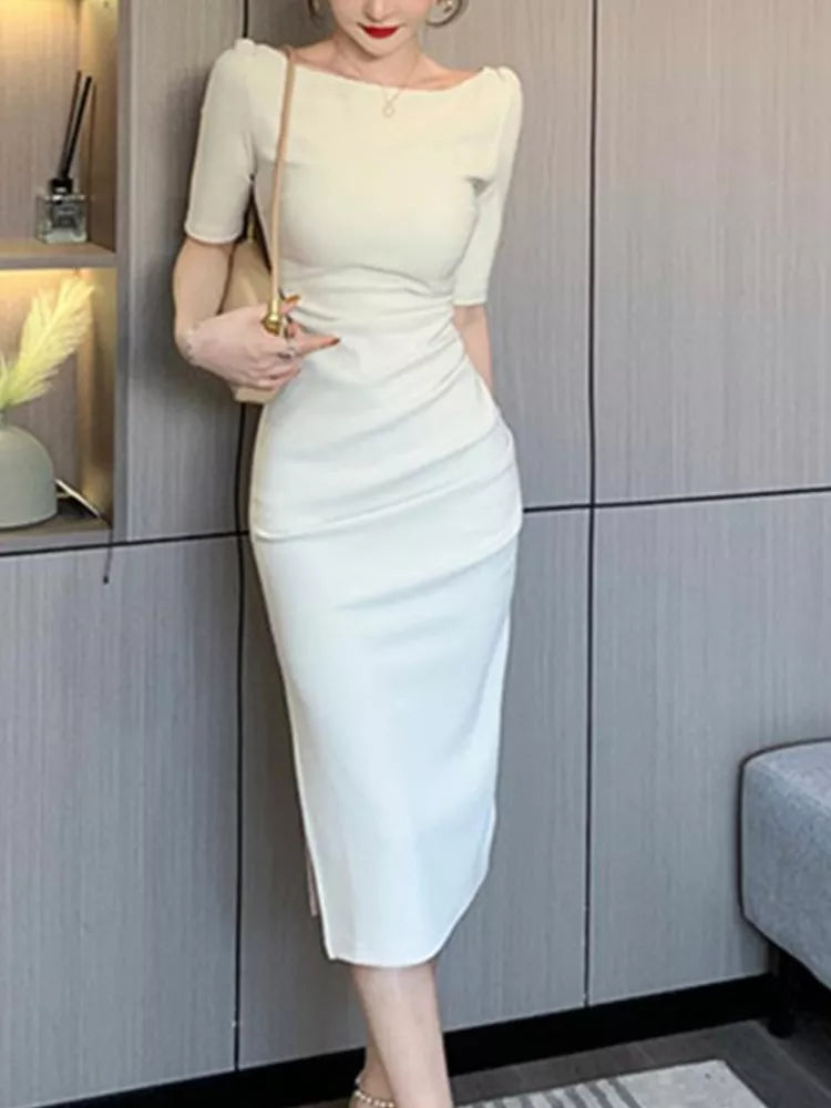 Summer New Elegant Midi Party Dress For Women Office Lady Solid One Piece Slim Bodycon Clothing Femme Fashion Vestidos